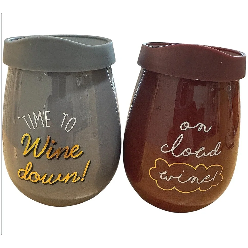 NWOT Stemless Wine‎ Tumbler Set 12 oz Gray Burgundy Novelty